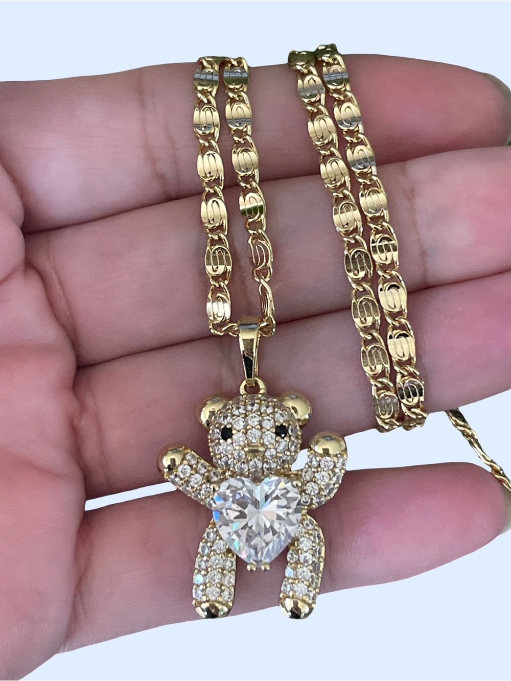 Gold Tone Teddy Bear Pendant Necklace with Heart Crystal